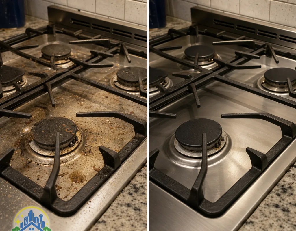 Before-and-after comparison of grease spots removed from a kitchen stovetop