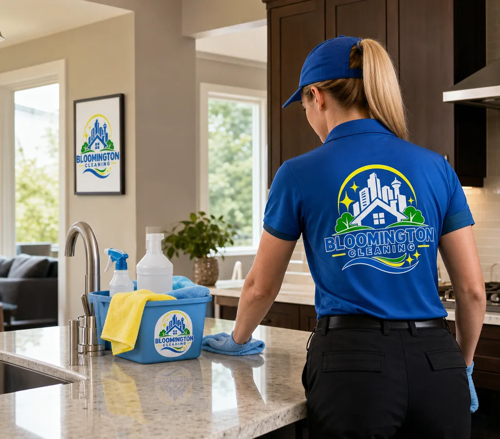 A cleaning professional wiping a kitchen counter in a Bloomington home
