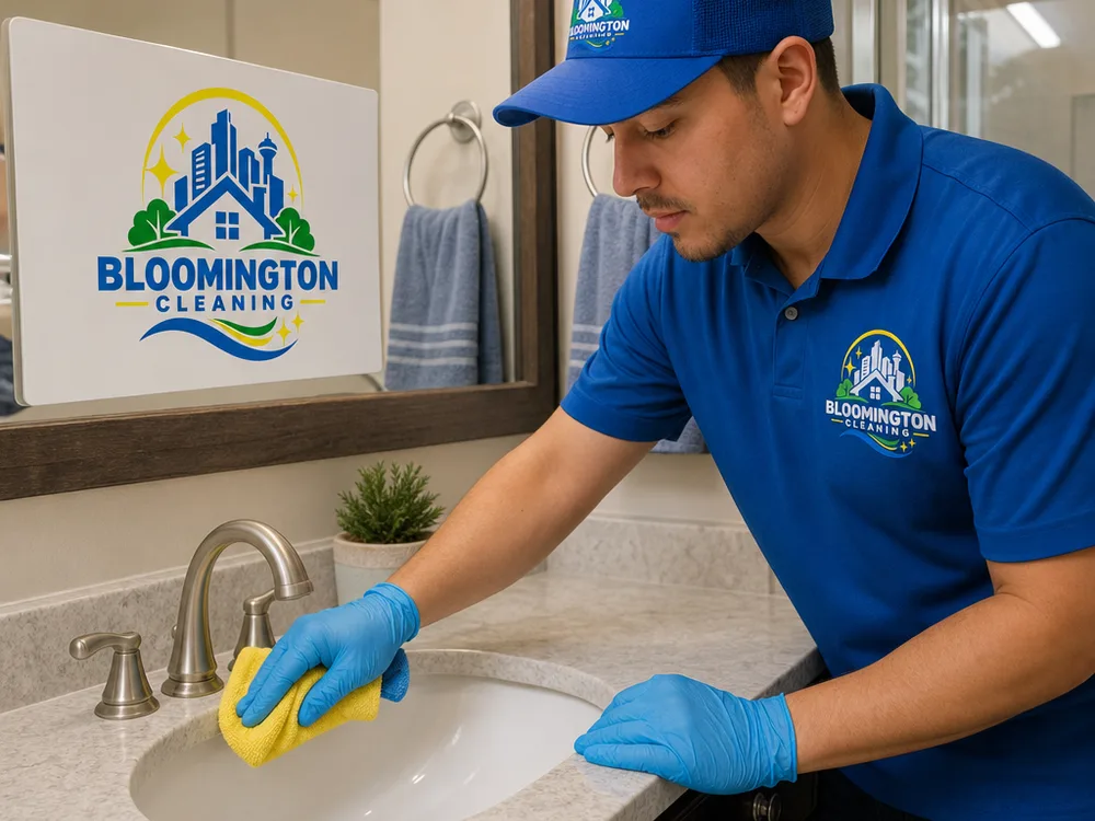 A cleaner detailing a bathroom vanity and faucet with a microfiber cloth