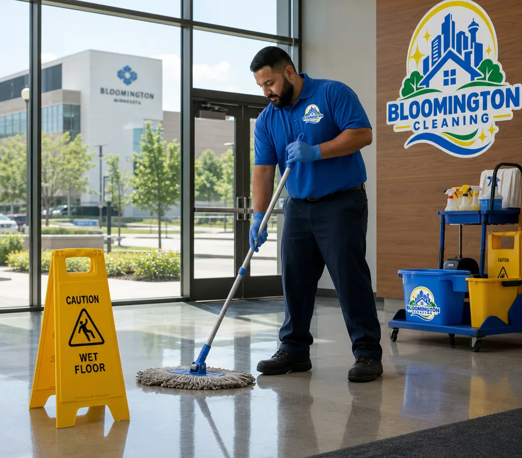 Commercial cleaner mopping and detailing a Bloomington office entryway with wet-floor signage