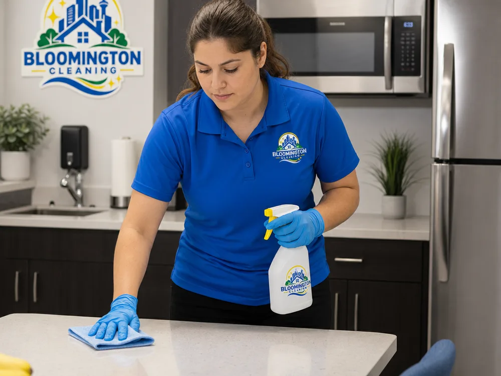 Technician disinfecting counters and high-touch surfaces in a modern office breakroom