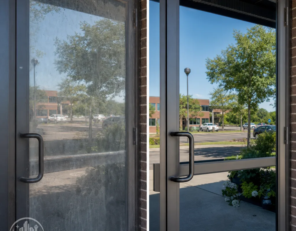 Storefront entry door glass before cleaning with fingerprints and haze and after cleaning with clear reflections and crisp edges