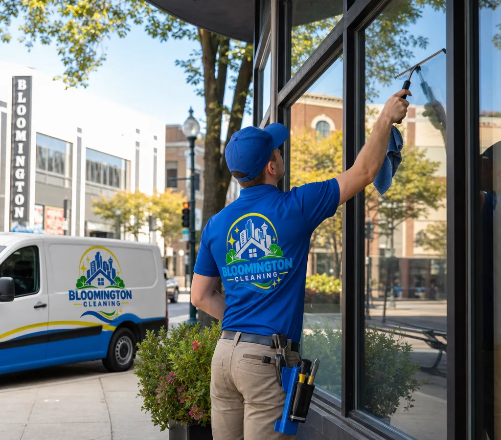 Technician cleaning large commercial storefront windows with a squeegee and detailing cloth as a Bloomington streetscape reflects in the glass